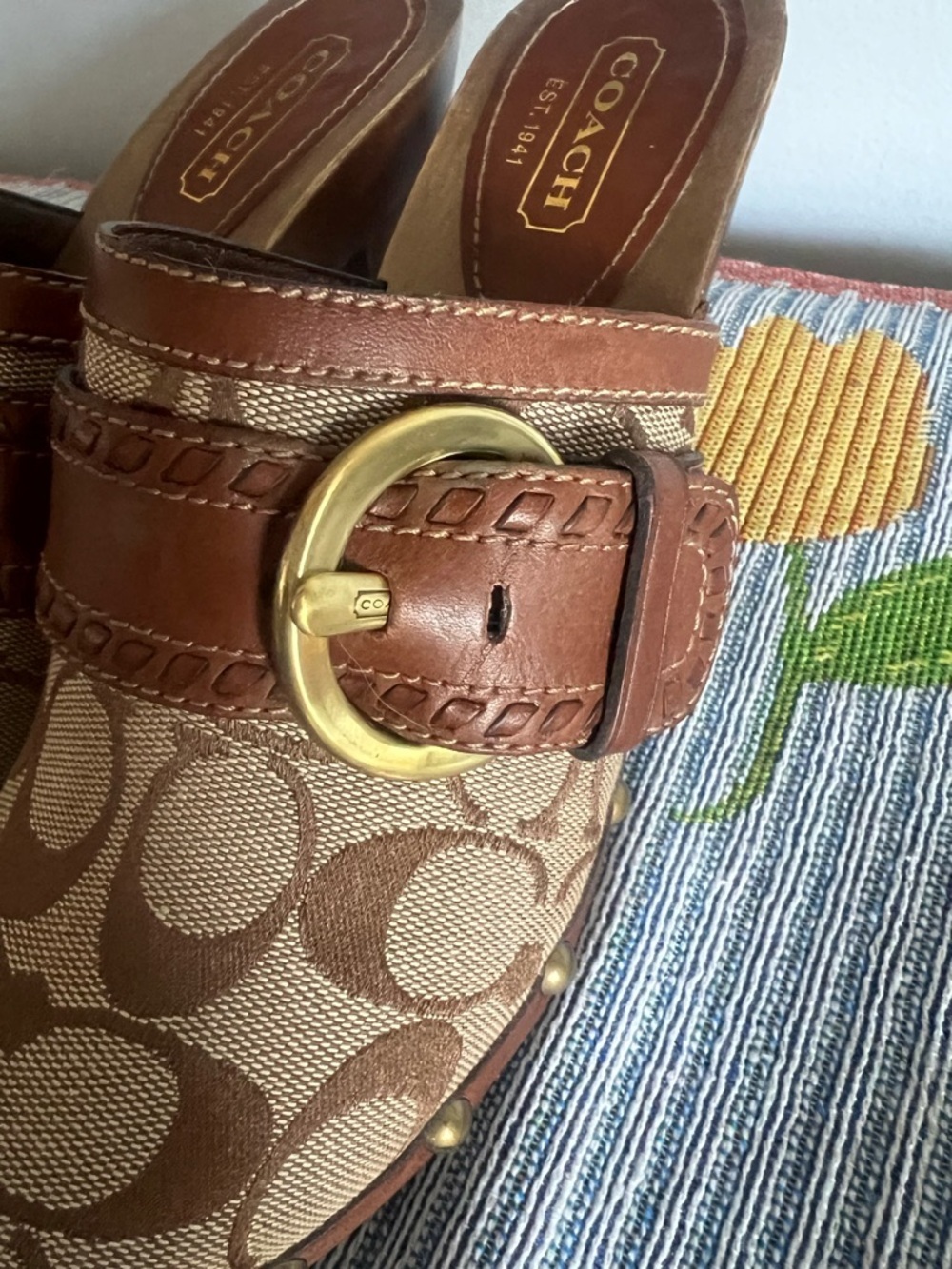 Coach Tan and Brown Signature Clog Mules with Brass Buckle 7.5 - Picture 11 of 11